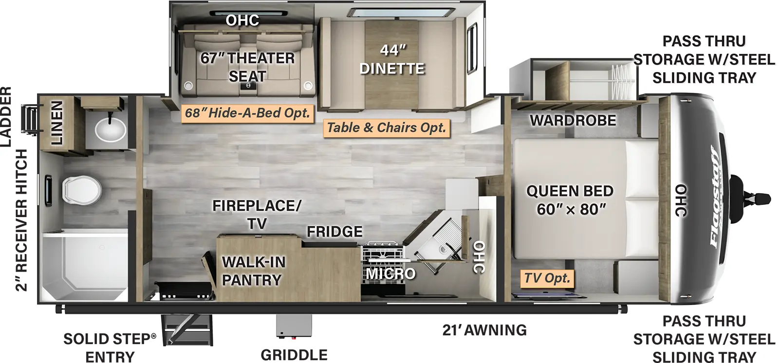 The 26RBWS has two slideouts and one entry. Exterior features a 21 foot awning, solid step entry, griddle, front pass-thru storage with steel sliding tray, rear ladder, and 2 inch receiver hitch. Interior layout front to back: foot-facing queen bed with overhead cabinets and an off-door side wardrobe slideout (optional TV); off-door side slideout with a dinette (table and chairs optional) and theater seating (hide-a-bed optional) with overhead cabinet; kitchen counter with sink wraps from inner wall to door side with overhead cabinets, microwave, cooktop, refrigerator, TV and fireplace with walk-in pantry behind, and entry; rear full size bathroom with linen closet. 